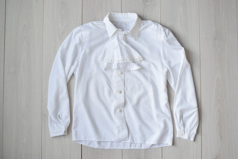 White Victorian jabot blouse, 70s secretary blouse, Elegant retro event top Women's MEDIUM size image 1