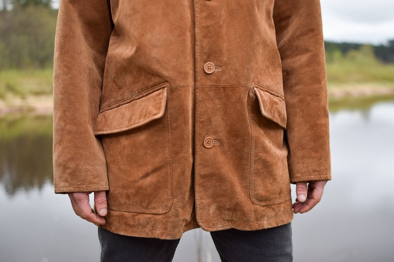 Tan brown leather jacket, suede vintage coat, western jacket, gift for him, 90s real leather blazer, genuine leather coat, Men's Large image 5