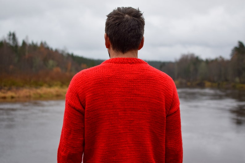 Red cable knit sweater, vintage wool jumper, pullover sweater, neon red, Red Christmas sweater, 90s knitwear, monochrome sweater, Men' M image 4