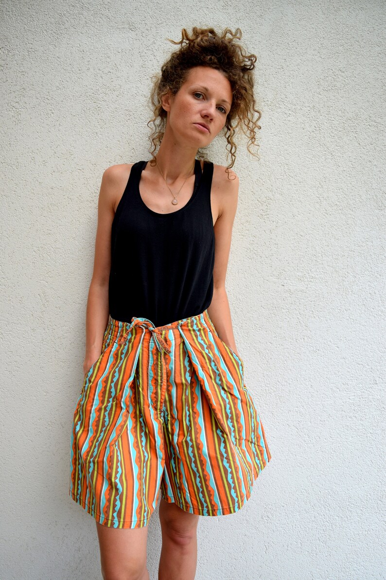 High waist summer skorts, 60s 70s bohemian shorts, striped hippie shorts, festival wear, M image 1