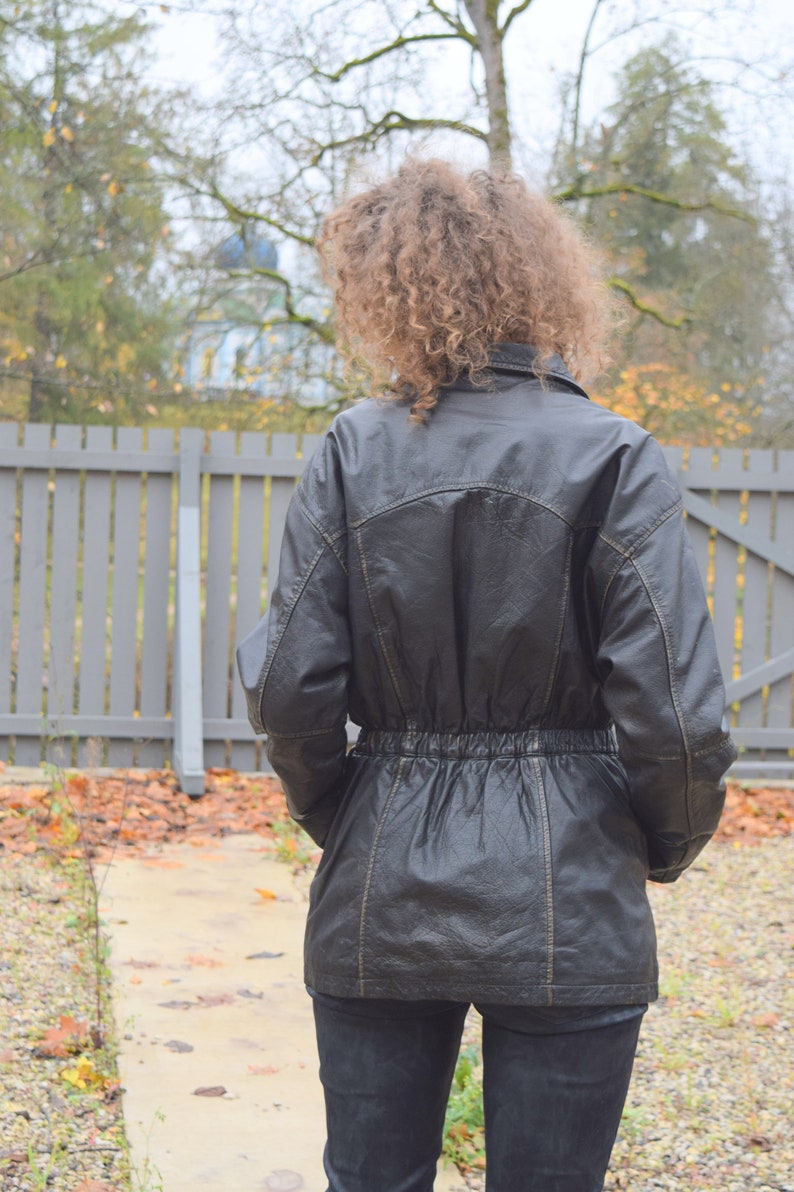 Distressed black leather jacket, women's biker jacket, moto jacket, leather coat, goatskin jacket, real leather, Size M image 6