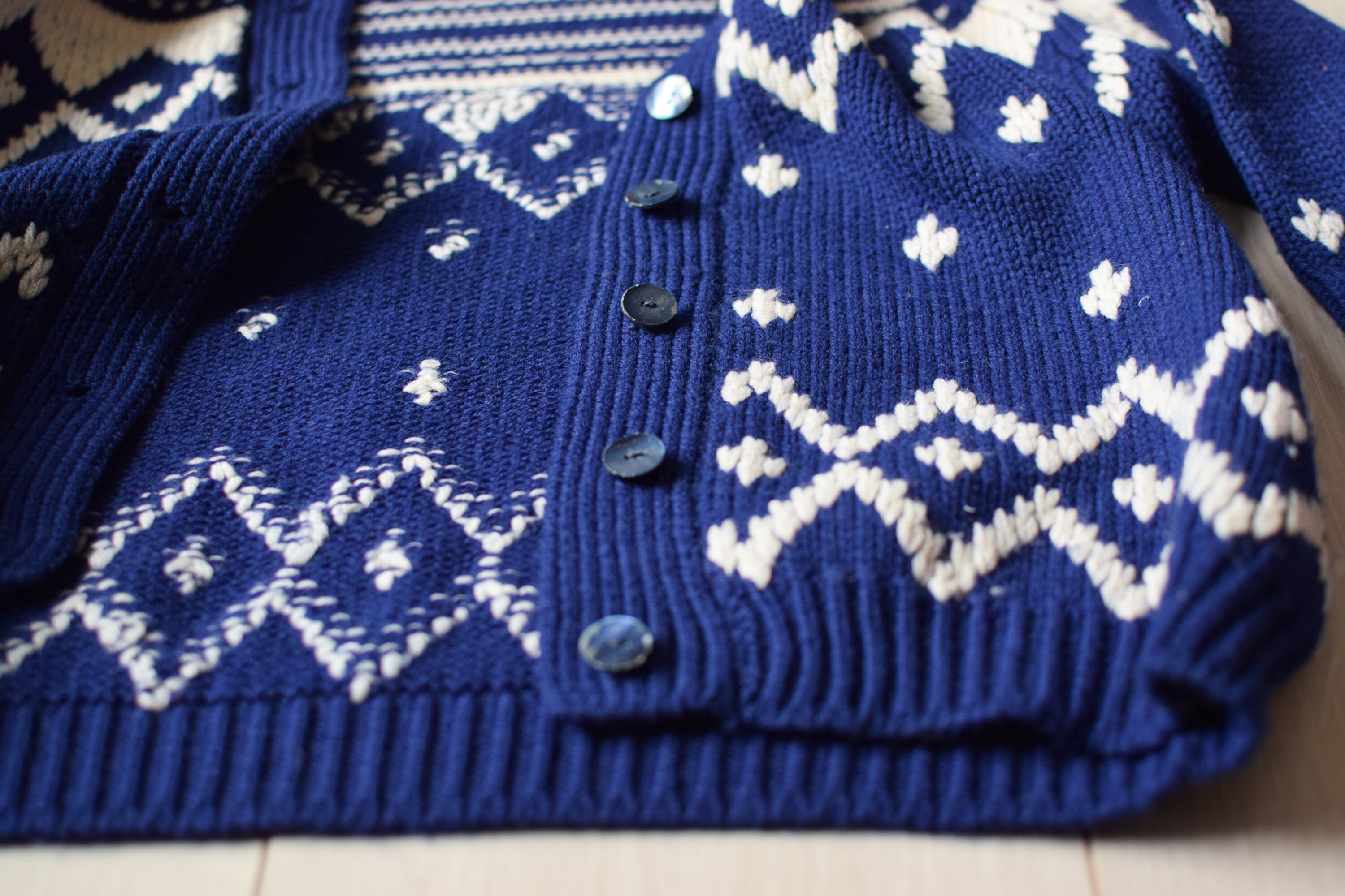 Handknit Nordic Wool Cardigan: 80s Blue Pattern, Women