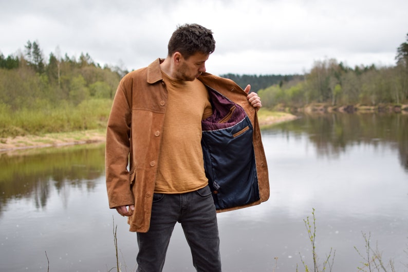 Tan brown leather jacket, suede vintage coat, western jacket, gift for him, 90s real leather blazer, genuine leather coat, Men's Large image 8