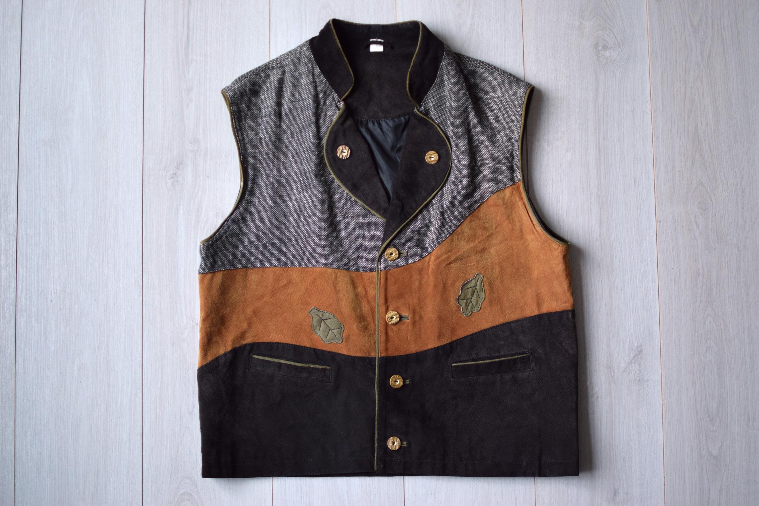 80s〜　German vintage loger vest ×2 German Leather/linen Vintage 80 Vest, Suede Leather Bavarian