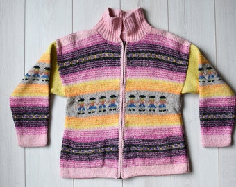 Cardigan en laine rose tricoté à la main - Veste d'hiver rétro faite main vintage - Pull à ski confortable - Taille moyenne pour femme