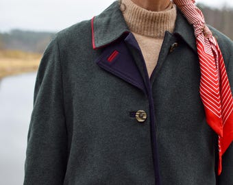 Klasyczny bawarski, tradycyjny wełniany płaszcz - Zielony, elegancki trencz jesienny z lat 70. - damski, rozmiar średni
