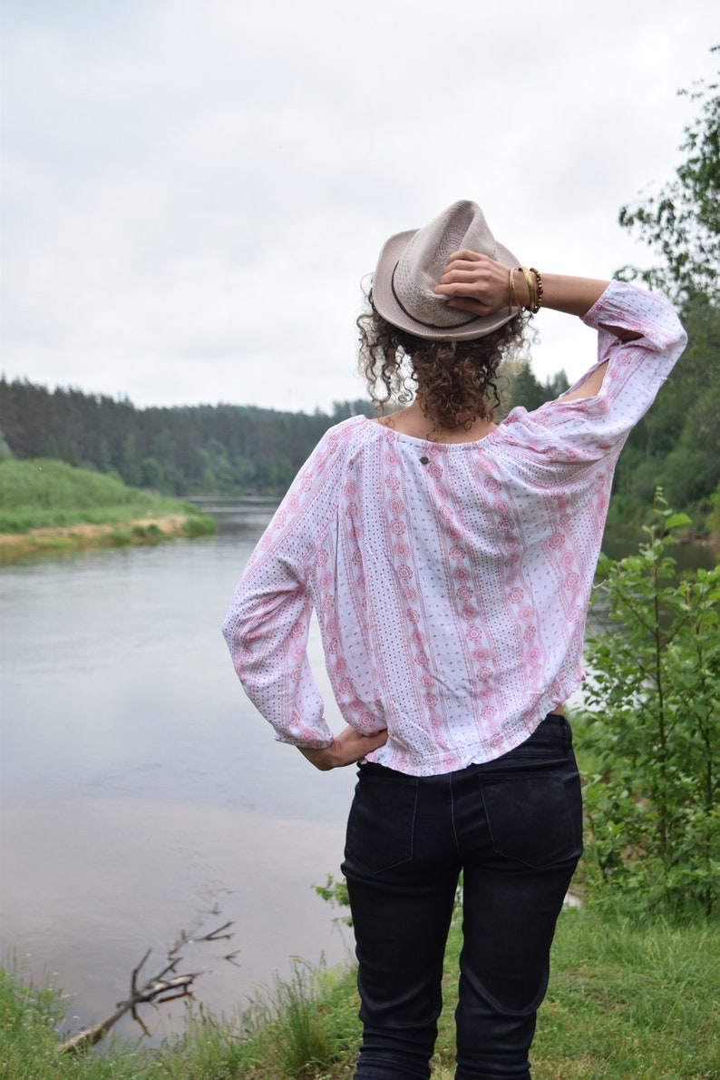 MUSTANG vintage zomershirt Roze boho blouse jaren '70 western country blouse Romantisch bloemenshirt Retro boho blouse afbeelding 4