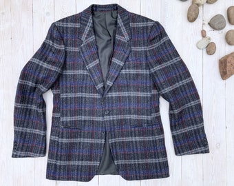 Blue 70s tweed jacket men's slim - Vintage Sport Coat 80s Fashion - Plaid Jacket Retro Wool Blazer - Men's Medium Size