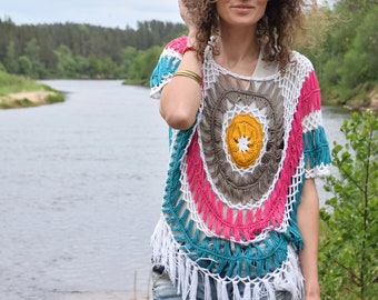 Poncho de ganchillo - Top de verano transparente - Camisa color block - Camisa vintage - Camisa de festival - Camisa con flecos - Ropa Boho