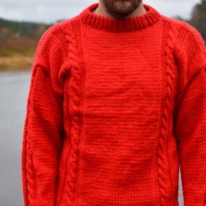 Red cable knit sweater, vintage wool jumper, pullover sweater, neon red, Red Christmas sweater, 90s knitwear, monochrome sweater, Men' M image 5