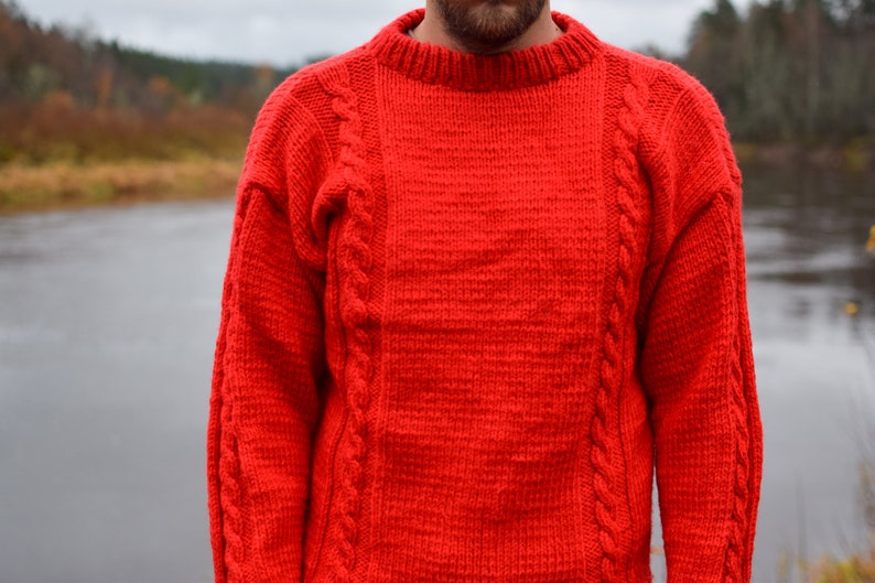 Red cable knit sweater, vintage wool jumper, pullover sweater, neon red, Red Christmas sweater, 90s knitwear, monochrome sweater, Men' M image 5