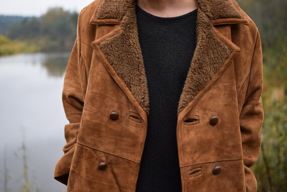 Leather shearling coat, winter jacket, brown winte