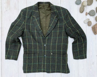 Green 70s Sport Jacket Authentic Vintage Blazer - 80s Hipster Plaid Tweed Checkered Jacket - Wool Retro Blazer - Men's Medium Size