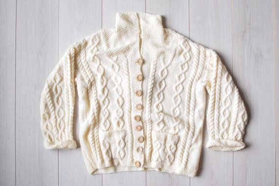 White Aran Cardigan, Wool Jacket, Fisherman Cardigan, 90s