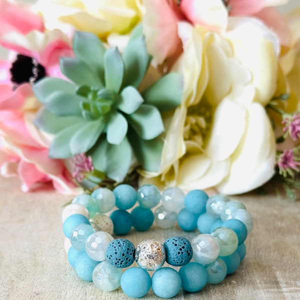 Set Of Two Turquoise, Aqua, And White Agate And Jade Bracelets, Diffuser Bracelets, Gemstone Bracelets, Essential Oil Bracelets