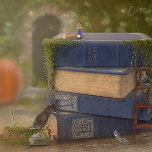 May include: A stack of four vintage books with a glass dome containing a single red rose on top. The books are covered in blue fabric with gold lettering and illustrations. A small glass bottle with a cork stopper sits next to the dome. A rat is standing on the bottom book, looking up at the rose. The books are surrounded by green vines and a small wooden ladder.