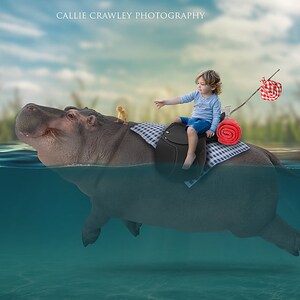Reiten auf einem Nilpferd. Digitaler Hintergrund. Hintergrund. Zusammengesetzten. Photoshop. Fantasy Hintergrund. Abenteuer. Kunst-Wagnis. Kinder digital. Hippo. Enten.