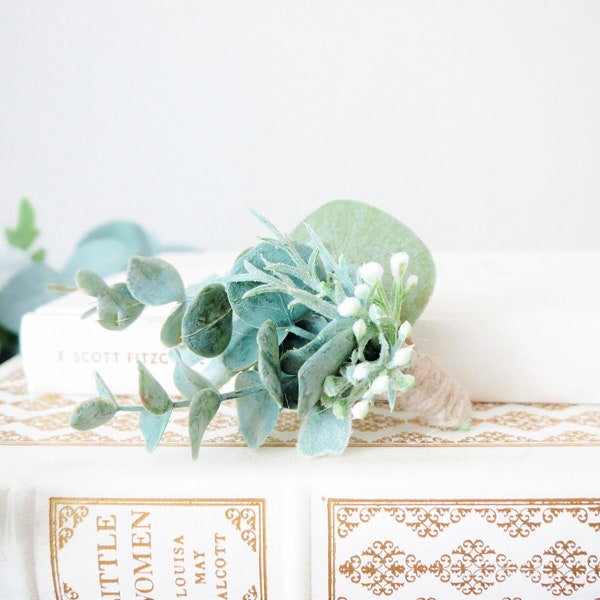 Charming Eucalyptus Boutonniere | Eucalyptus, Dusty Miller, Twine | Groom Buttonhole | Greenery Boutonniere | Alternative Boutonniere