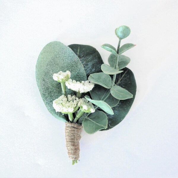 Romantic Eucalyptus Boutonniere | Eucalyptus, Lambs Ear, Queen Anne's Lace, Twine | Groom Buttonhole | Greenery Boutonniere