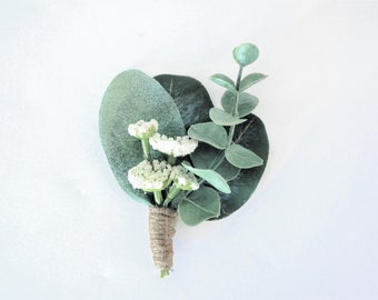 Romantic Eucalyptus Boutonniere | Eucalyptus, Lambs Ear, Queen Anne's Lace, Twine | Groom Buttonhole | Greenery Boutonniere