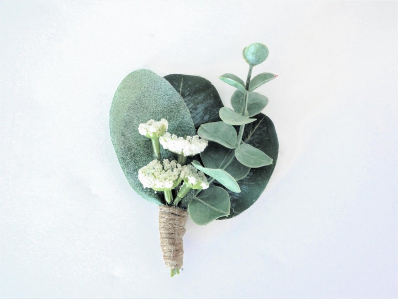 Romantic Eucalyptus Boutonniere | Eucalyptus, Lambs Ear, Queen Anne's Lace, Twine | Groom Buttonhole | Greenery Boutonniere 