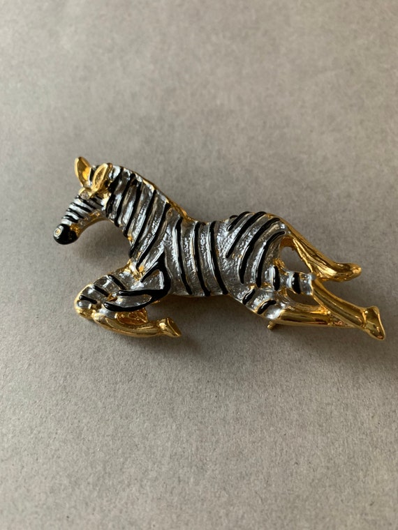 VINTAGE ZEBRA BROOCH, Silver, gold, and Black Zebr