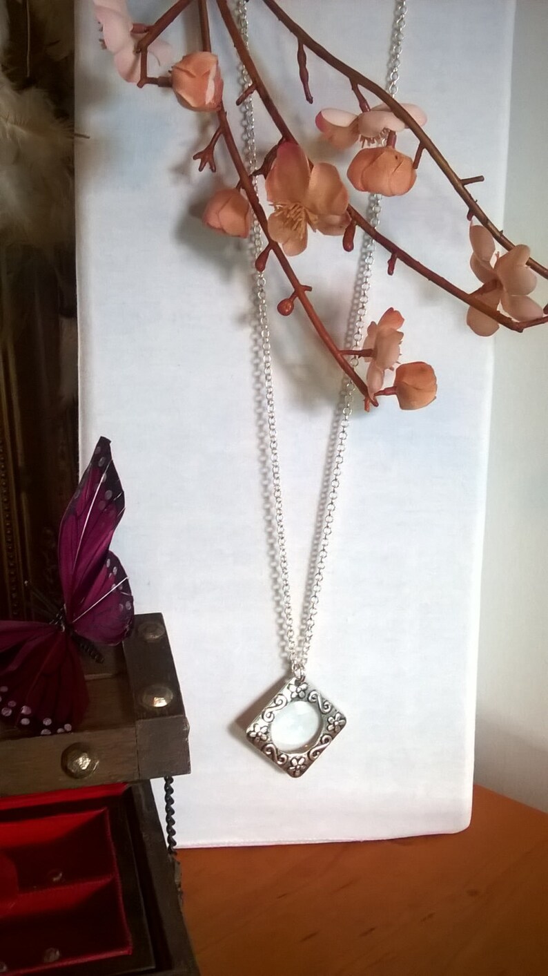 Magnifying Glass Necklace Pendant Flower Silver Chain Long Etsy