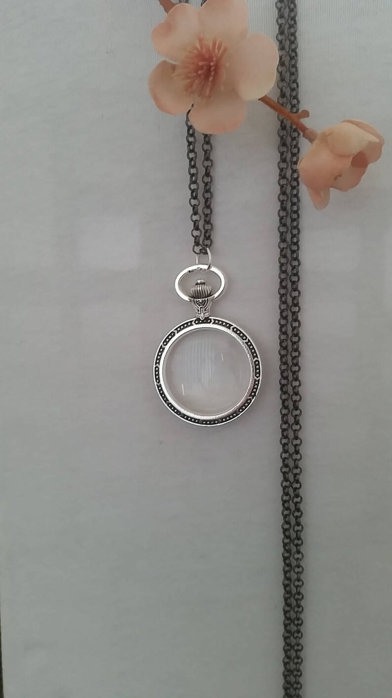 Magnifying Glass Necklace Pendant Watch Silver Black Chain Long Fully