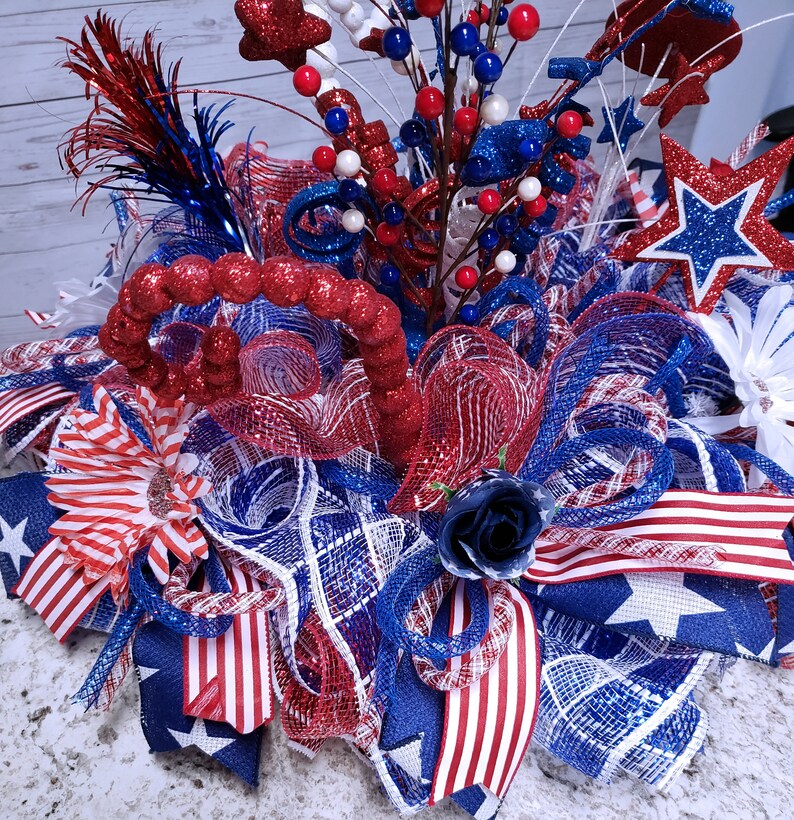 Patriotic Deco Mesh Table Decor 4th July Centerpiece Etsy