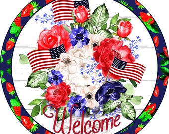 Welcome Patriotic Sign, Strawberry Sign, Wreath Attachment, Wreath Supplies, Independence Day Decor, Patriotic Front Door Sign