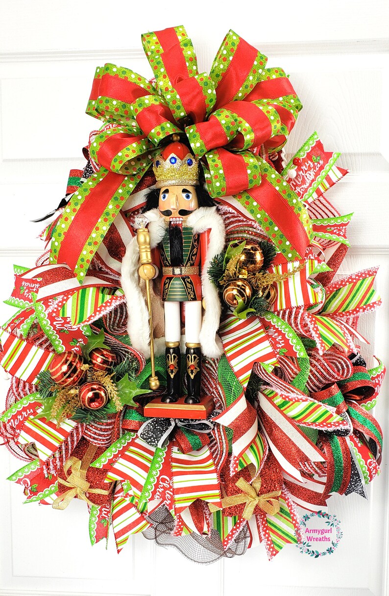 Nutcracker Christmas Wreath For Front Door Deco Mesh Ribbon Etsy