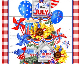 July 4th Sign, God Bless America, Patriotic Tiered design, Metal Sign, Independence Day Sunflower Design, American Décor, Festive Sign