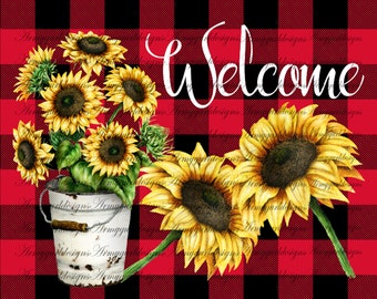 Welcome Sunflower Wreath Sign,  Buffalo Plaid Wreath Attachment, Welcome Metal Sign, Craft Supplies, Deco Mesh Wreath Sign,