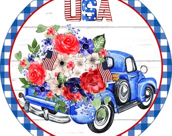 Patriotic Sign, July 4th Wreath Sign, Metal Sign, Blue Truck Sign,  Independence Day Floral Design, American Décor, Armygurldesigns