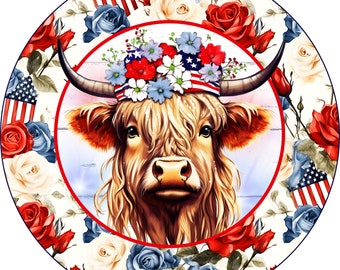 Patriotic Highland Cow Sign, July 4th Wreath Sign, Metal Sign, Highland Cow Sign, Independence Day Floral Design, American Décor
