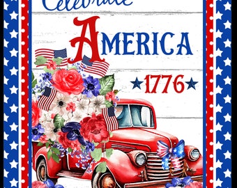 July 4th Wreath Sign, Patriotic Sign, Celebrate America Metal Sign, Red Truck Sign, America 1776, Independence Day, American Décor