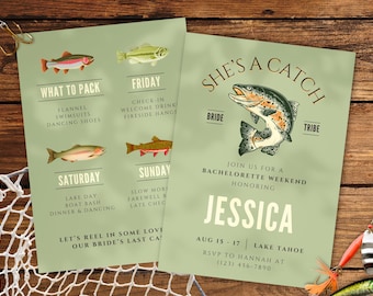 She’s a Catch Bachelorette Invitation Template | Fishing Lake Party Invite - Rustic Cabin Weekend Printable