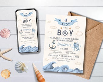 Ahoy It’s a Boy Baby Shower Invitation | Nautical Blue Canva Template - Printable or Digital Invite