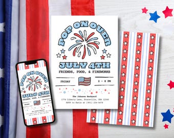 Fourth of July Party Invitation | Editable Canva Template | Printable & Digital | Fireworks Pop Design Patriotic Red White Blue | Hand Drawn