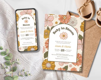 Baby in Bloom Invitation, Digital Baby Shower E-vite and Printable, Phone and Text Friendly, Spring and Summer Floral Template