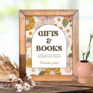 Books and Gifts Sign Template, Baby Shower Sign, Customizable, Editable, Spring and Summer Floral Template