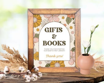 Books and Gifts Sign Template, Baby Shower Sign, Customizable, Editable, Spring and Summer Floral Template