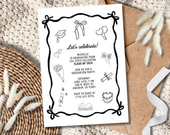 Editable Graduation Party Invitation Template, Doodles & Diplomas, High School or College Grad Invite