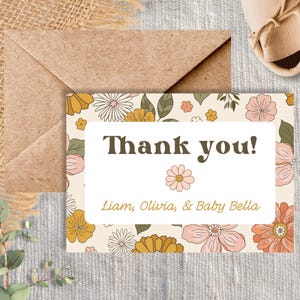 Baby in Bloom Thank You Card, Baby Shower Printable, Front and Back Customizable and Editable, Spring and Summer Floral Template