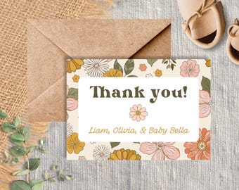 Baby in Bloom Thank You Card, Baby Shower Printable, Front and Back Customizable and Editable, Spring and Summer Floral Template