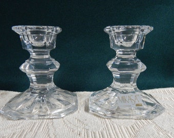 Mikasa Edinburgh Crystal 3" Square Base Candlesticks - Set of 2 - New Old Stock - Made in Slovenia