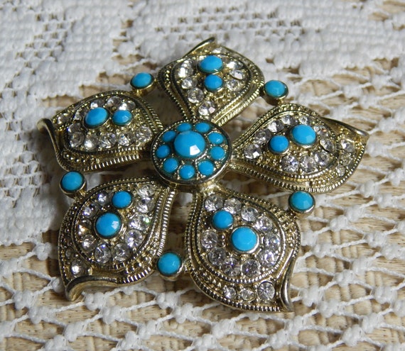 Rhinestone Lapel Brooch - Monet Flower Brooch - R… - image 2