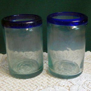 Hand-blown Glass Tumblers - Set of 2 - Cobalt Blue Rimmed Hand Blown Glasses