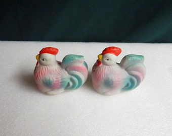 Bisque 2.5" Chicken Figural Salt Pepper Shakers with Plastic Stoppers