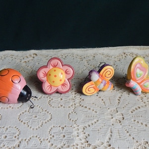 Figural Painted Wood Drawer Pulls - Set of 4 - Ladybug Flower Bee & Butterfly Drawer Handles
